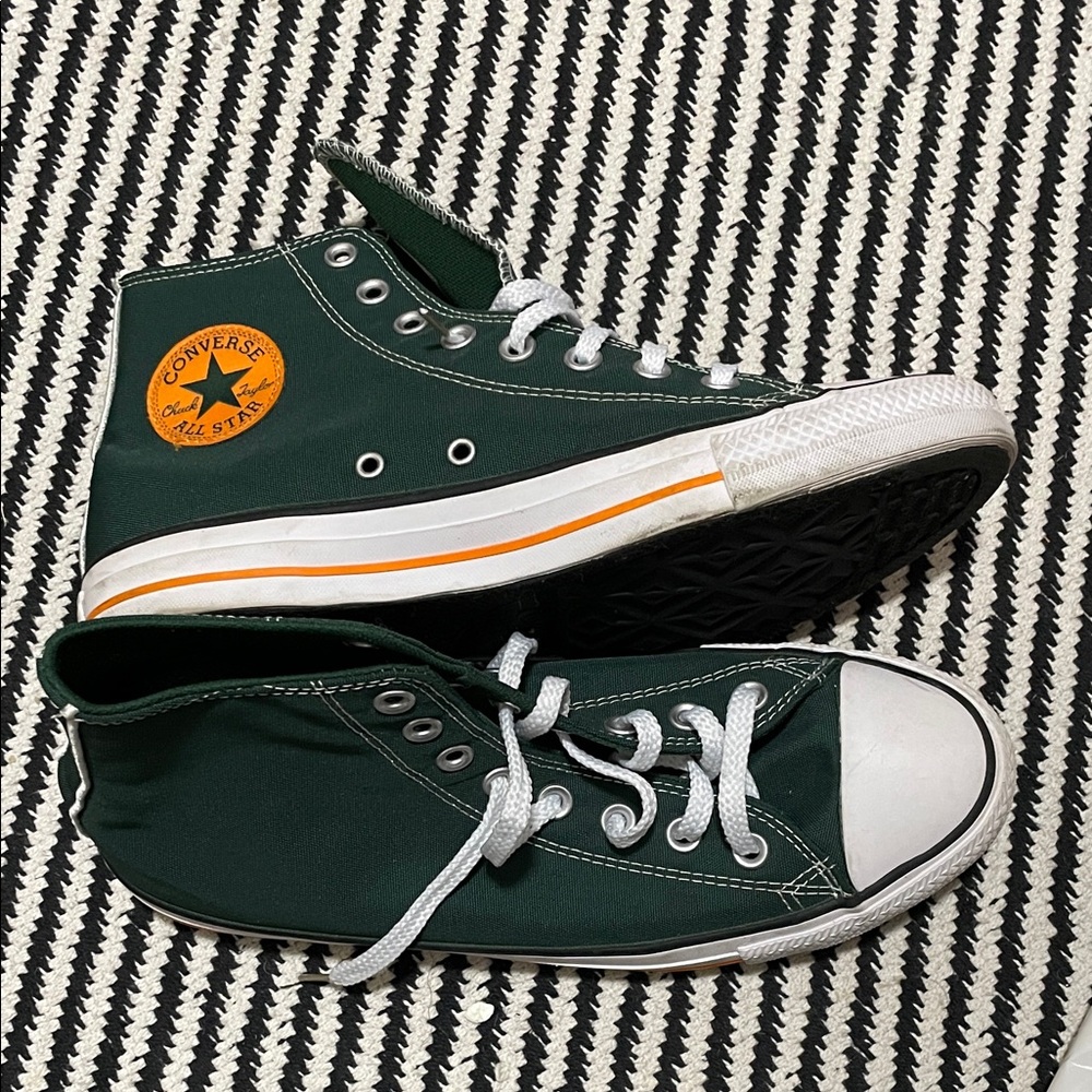Converse Men’s High-Top Sneakers - Dark Green and Orange Logo & Trim